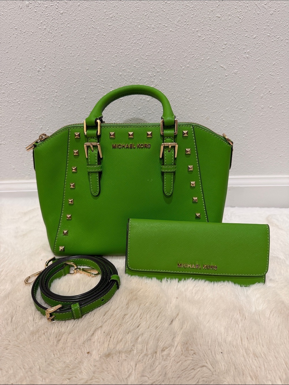 Michael Kors Ciara Jungle Lime Green Saffiano Satchel with Matching Wallet